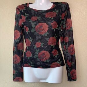 Orange Kiss Sheer Mesh Rose Print Whimsigoth Fairy Grunge Top Size M
